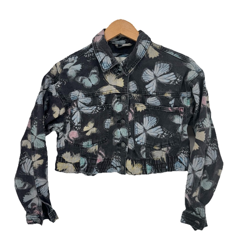 Vintage Denim Butterfly‎ Cropped Jacket Womens Size Small FLAW Y2K Boho Button